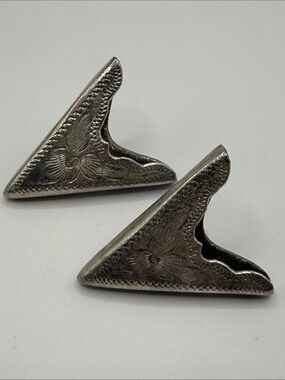 Vintage Mexico Engraved Silver Western Shirt Collar Tips
